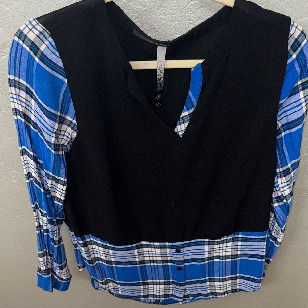 Kensie Black and Blue Plaid Blouse
